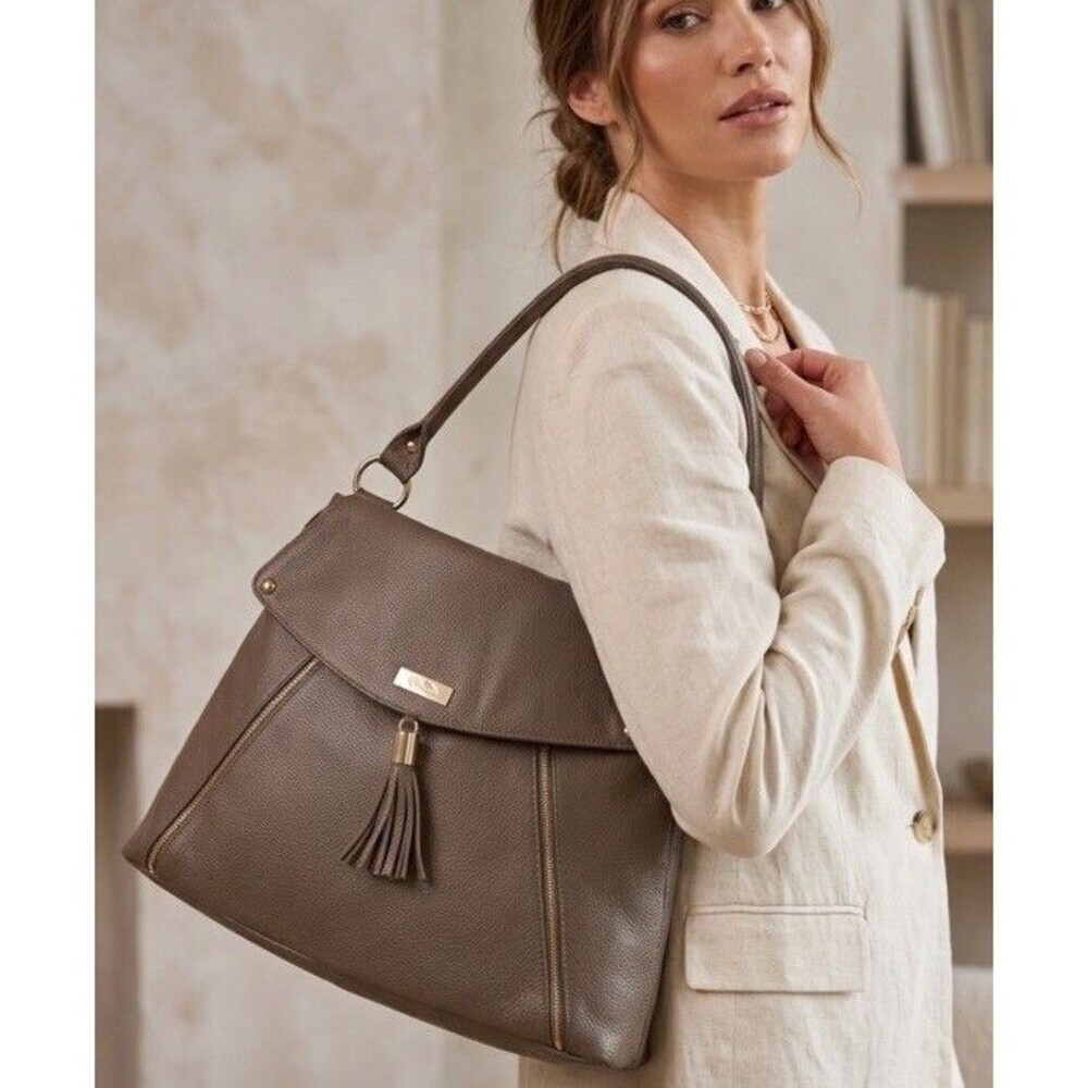 Onna Ehrlich Cafe Au Lait Tassel Green/Gray Leather Shoulder Handbag Bohemian